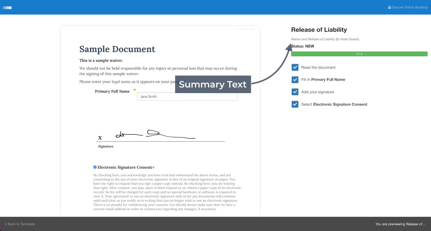 The waiver preview showing the summary text displayed at the top of the completed document.