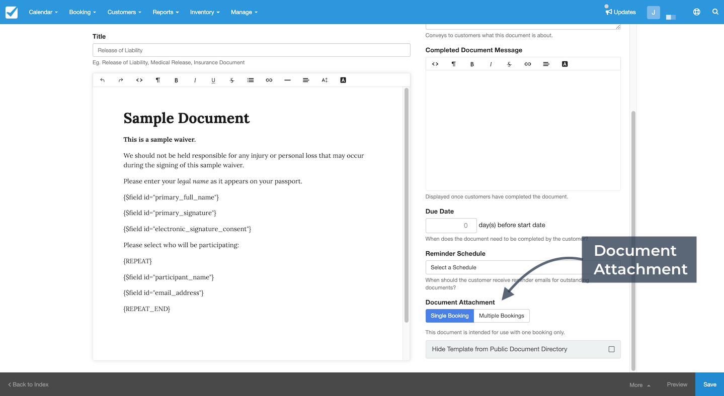 The document editor with the Document Attachment option highlighted to link the waiver to single or multiple bookings.