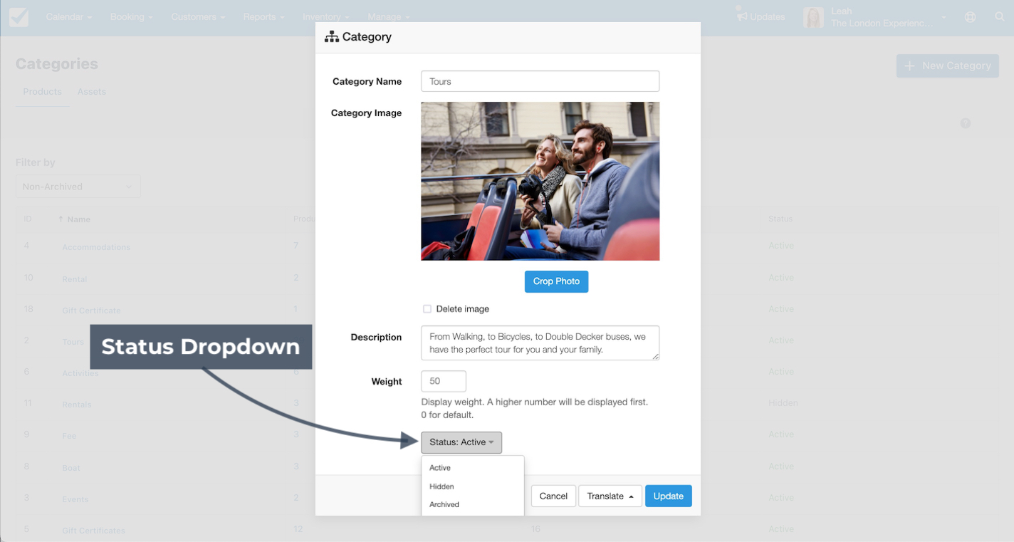 Edit category form with the status dropdown highlighted showing options to set the category as active, hidden, or archived.