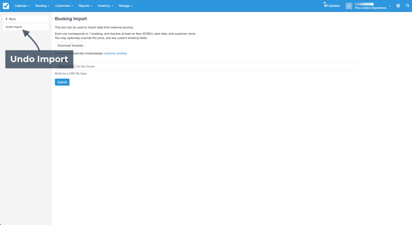 Booking import page highlighting the Undo Import option to reverse a previously completed import.