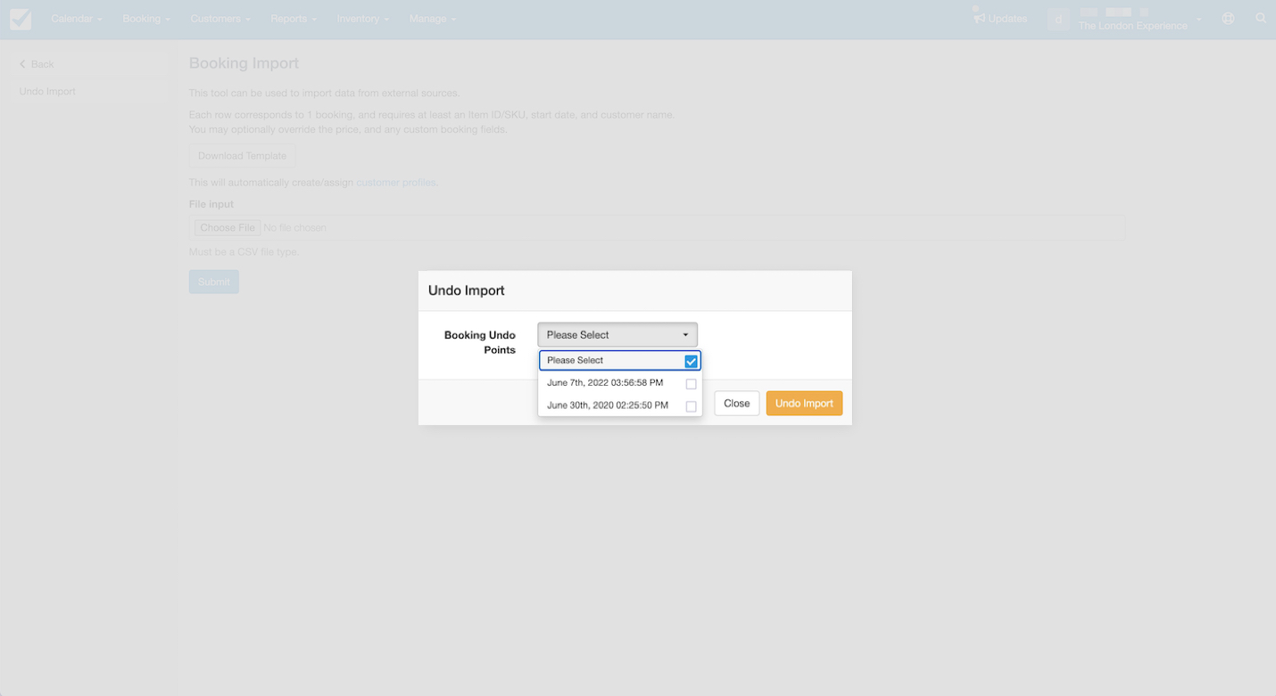 Undo import dialog showing a dropdown menu to select from available booking undo points.