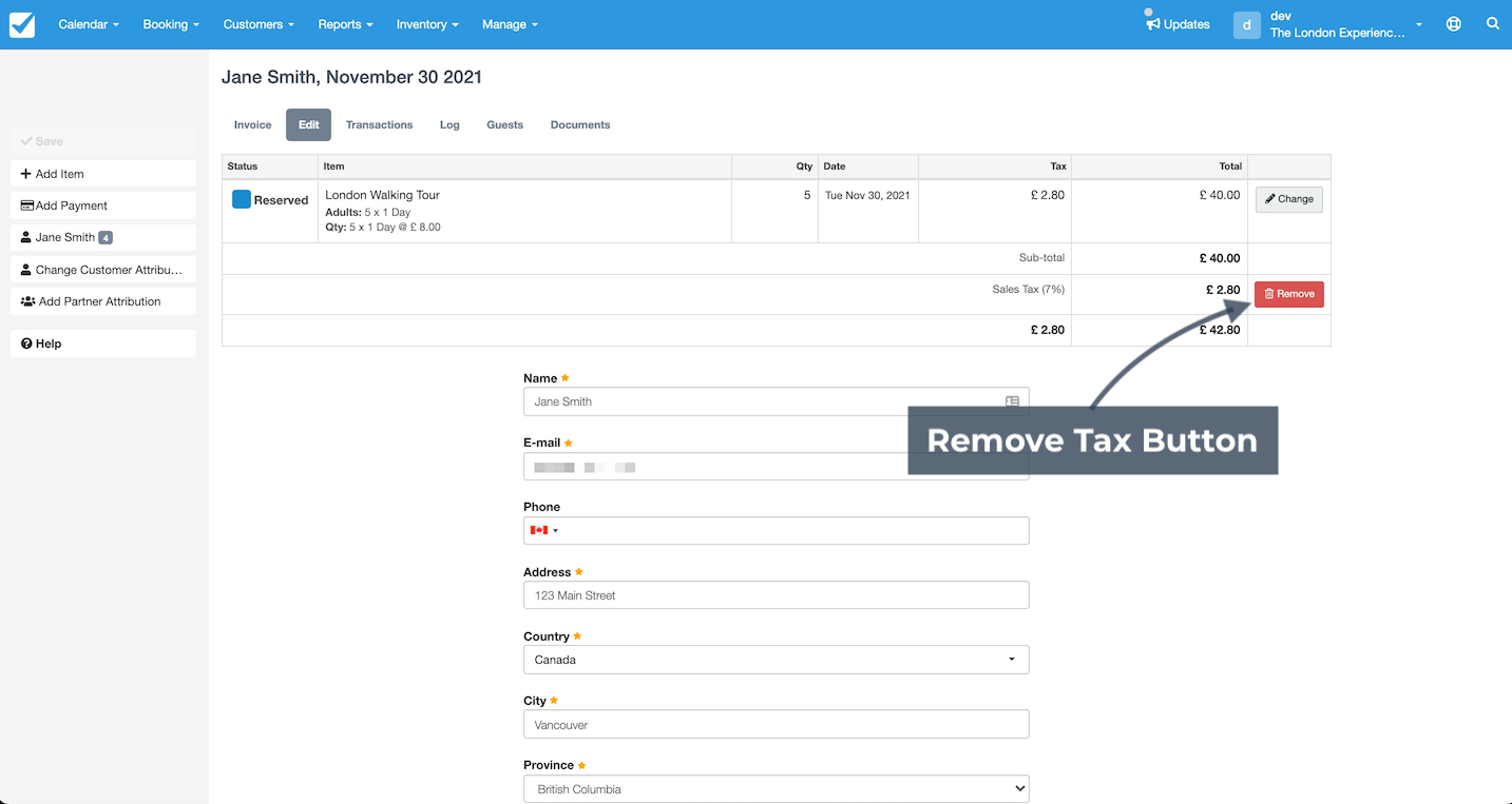 Edit booking page with the remove tax button highlighted to delete a specific tax from the invoice.