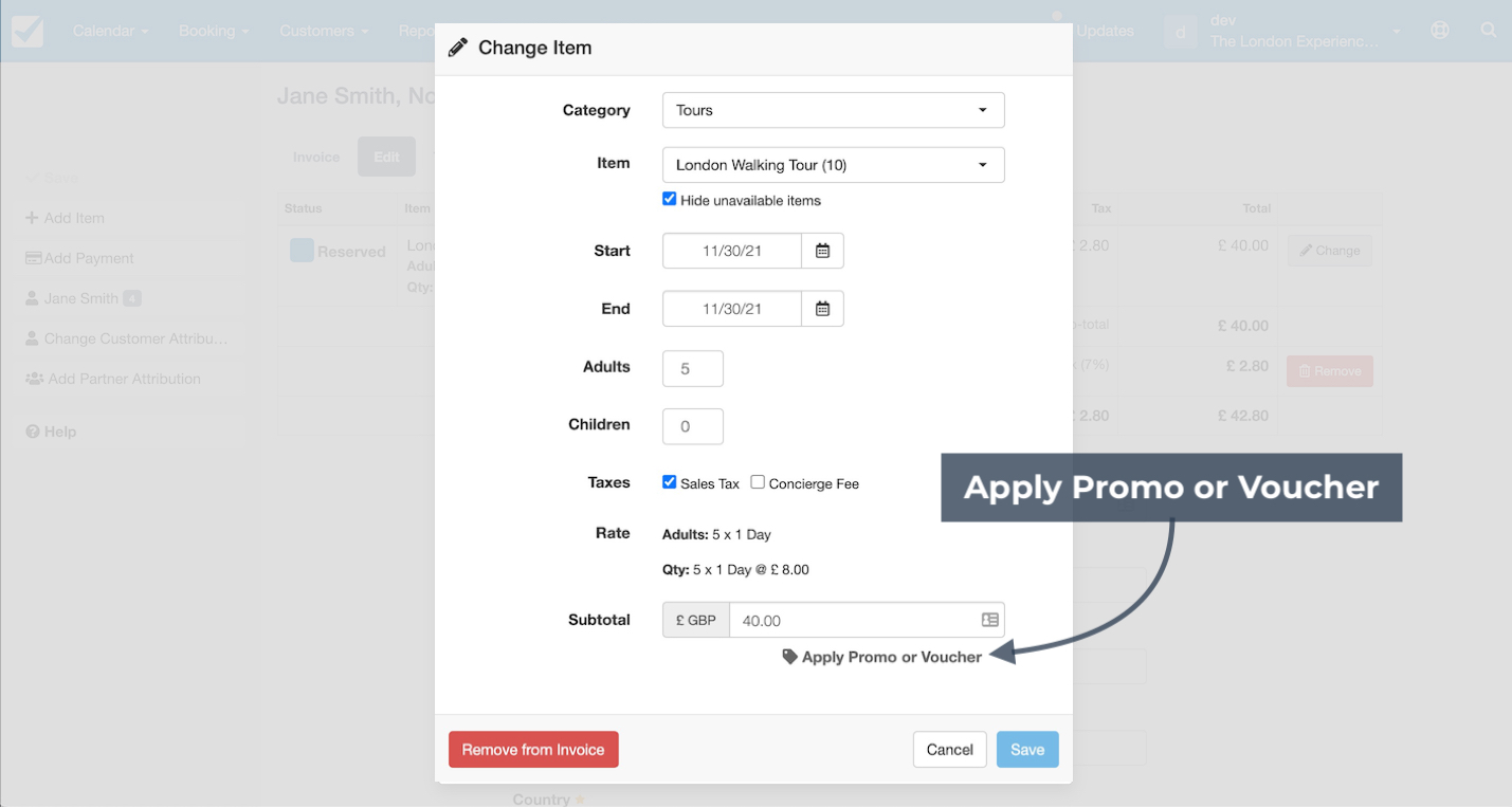 Change item window with apply promo or voucher option highlighted for adding discounts to a booking.