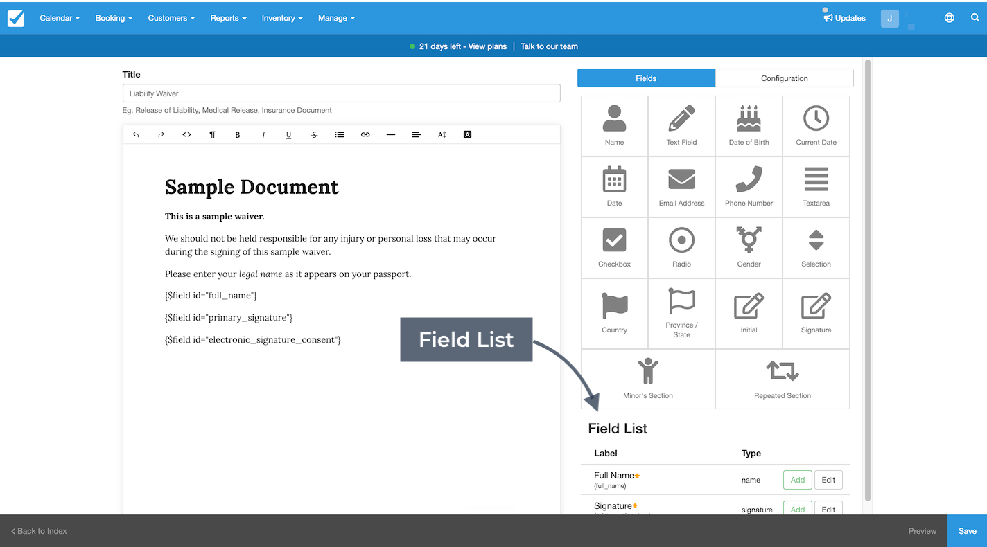 The document editor with the Field List panel highlighted showing existing fields added to the waiver.