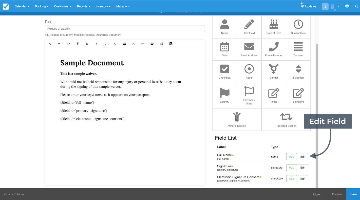 The document editor with the Field List panel highlighted and the Edit button selected to modify an existing field.