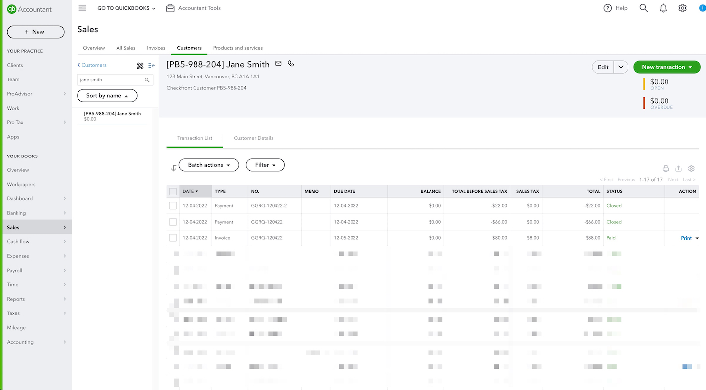 QuickBooks Sales screen showing the customer profile with a list of transactions, balances, and statuses.