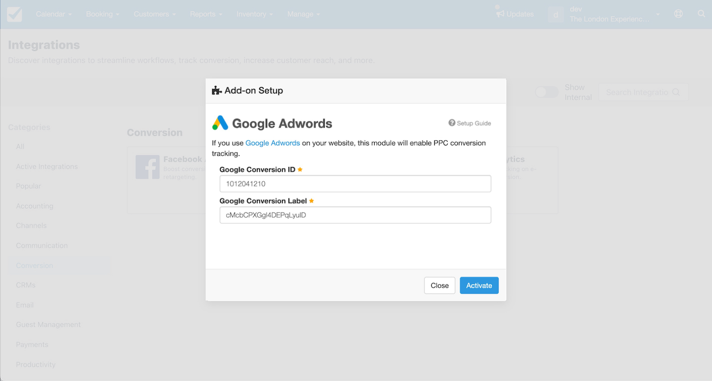 Checkfront Google Adwords add-on setup window with fields for Conversion ID and Conversion Label.
