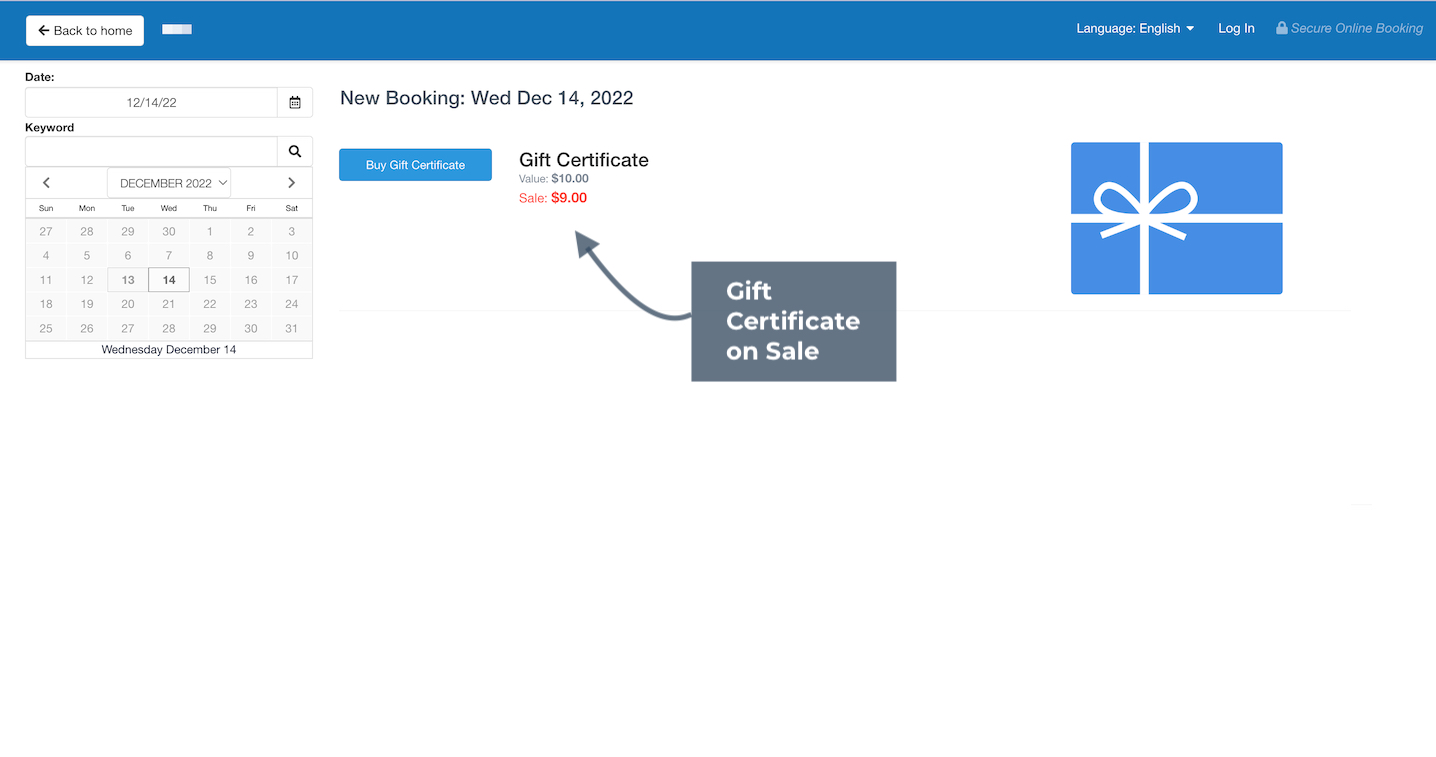 Gift certificate configuration page in Checkfront displaying discount options with sale dates, percent off, and preview pricing.