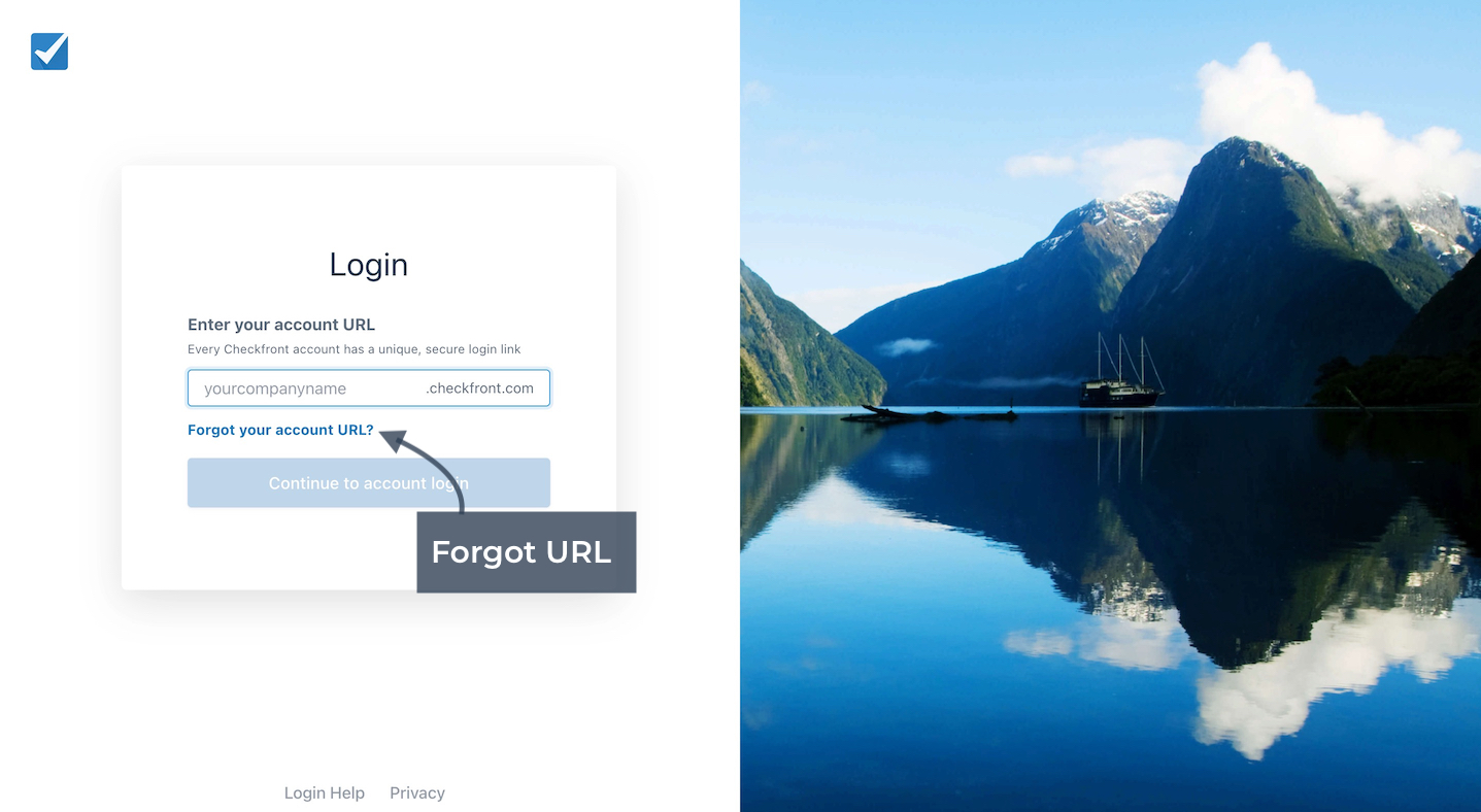 Checkfront login page showing the forgot URL option with an arrow pointing to the link.