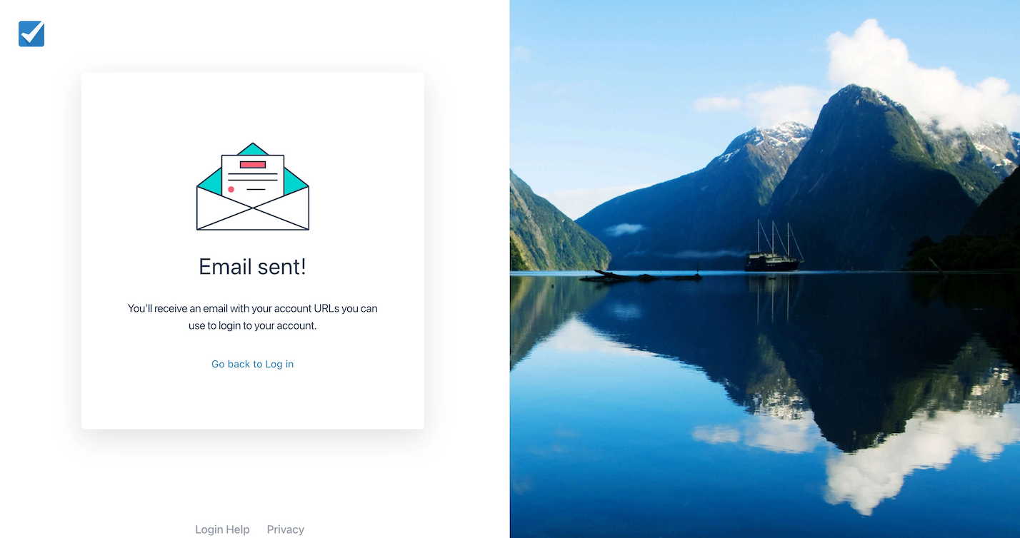 Checkfront forgot account URL confirmation page with an email sent message displayed.