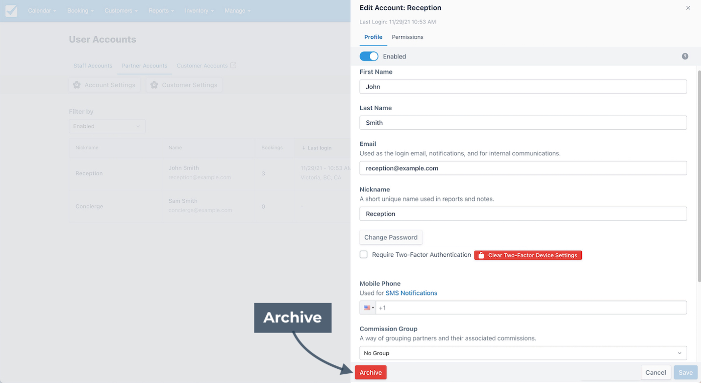 The Archive button in the account profile view allows deactivating or storing an inactive user account.