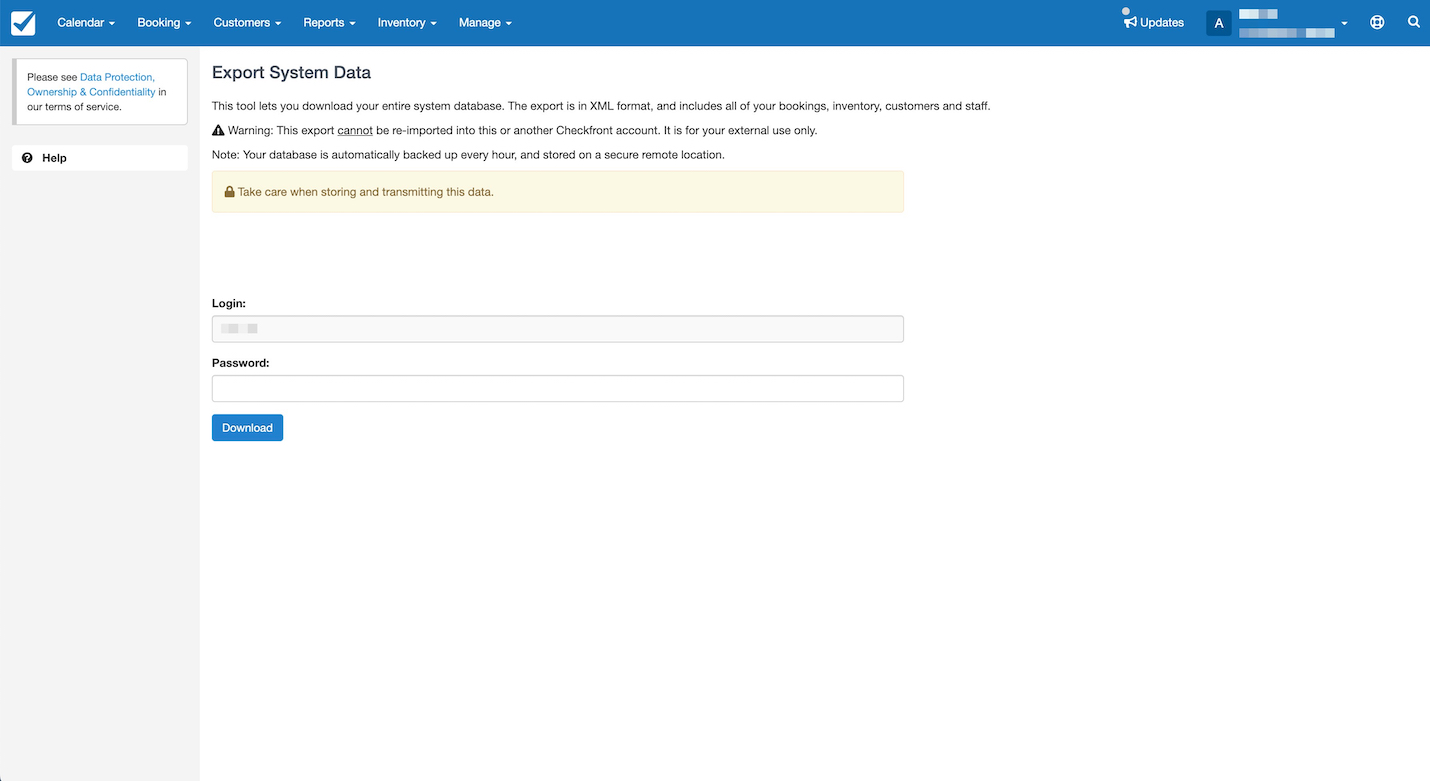 Export system data page with fields for login and password and a button to download the database in XML format.