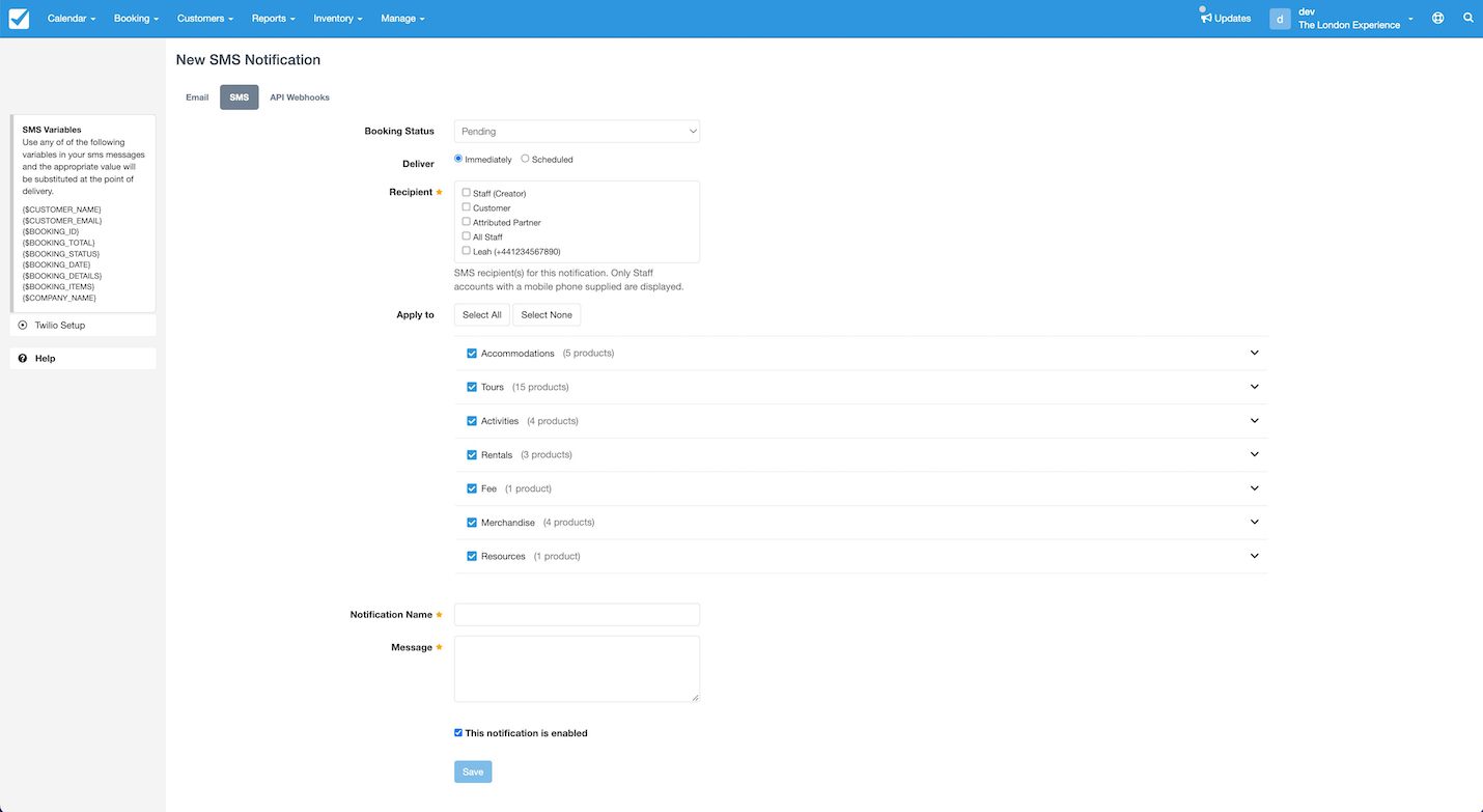 Twilio Notification Settings