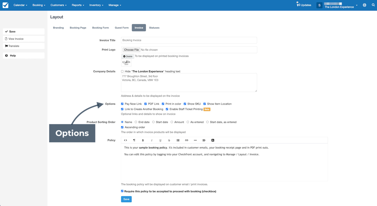 Layout Invoice Options
