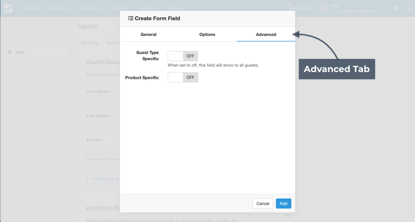 Create form field showing the advanced tab with guest type and product specific settings both disabled.