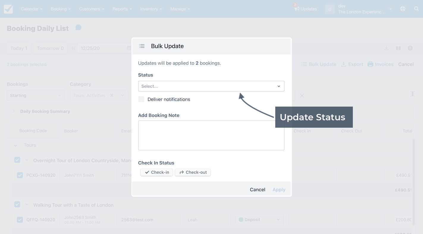 Booking daily list bulk update with an arrow pointing to the update status dropdown.