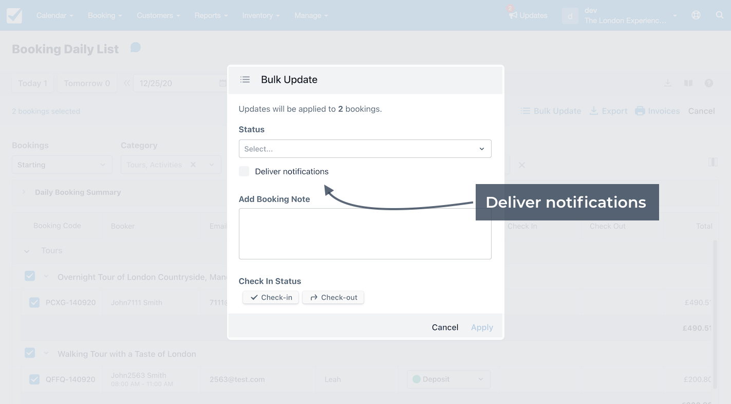 Booking daily list bulk update with an arrow highlighting the deliver notifications checkbox.