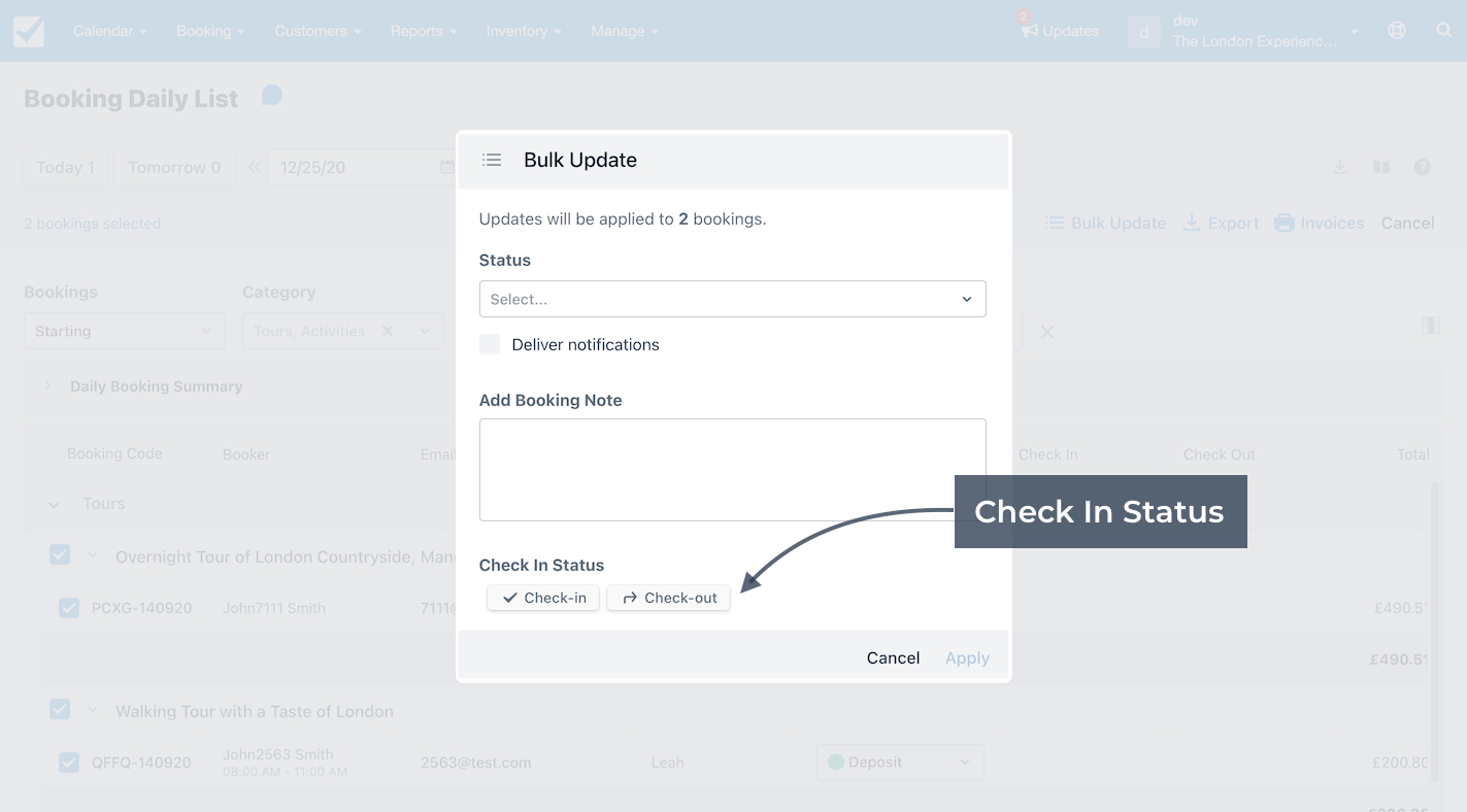Booking daily list bulk update with an arrow pointing to the check in status buttons.