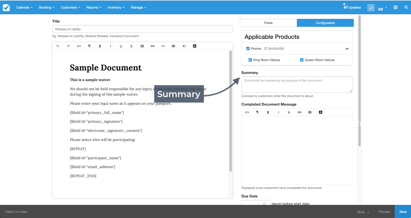 The document editor with the Summary field highlighted for entering a description of the document’s purpose.