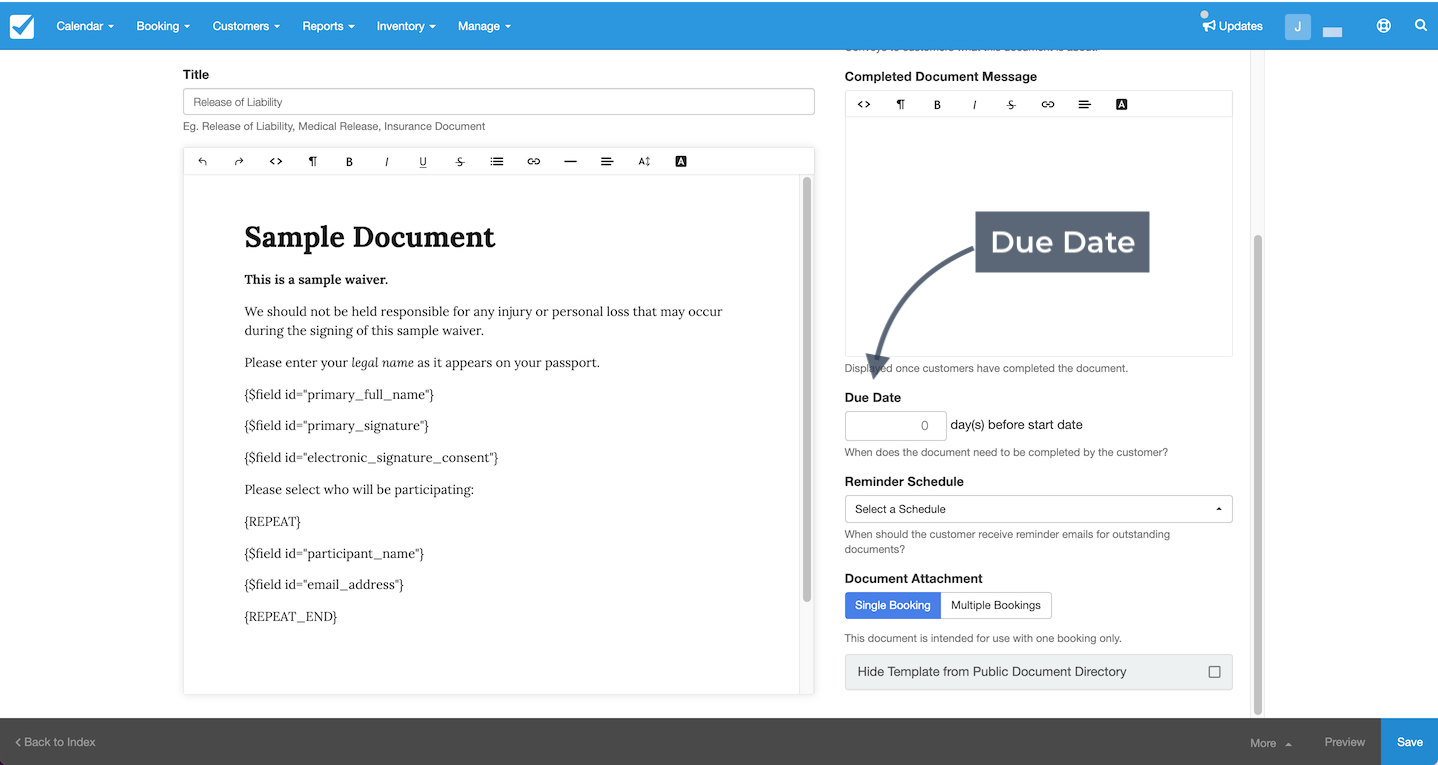 The document editor with the Due Date field highlighted to set when the document must be completed.