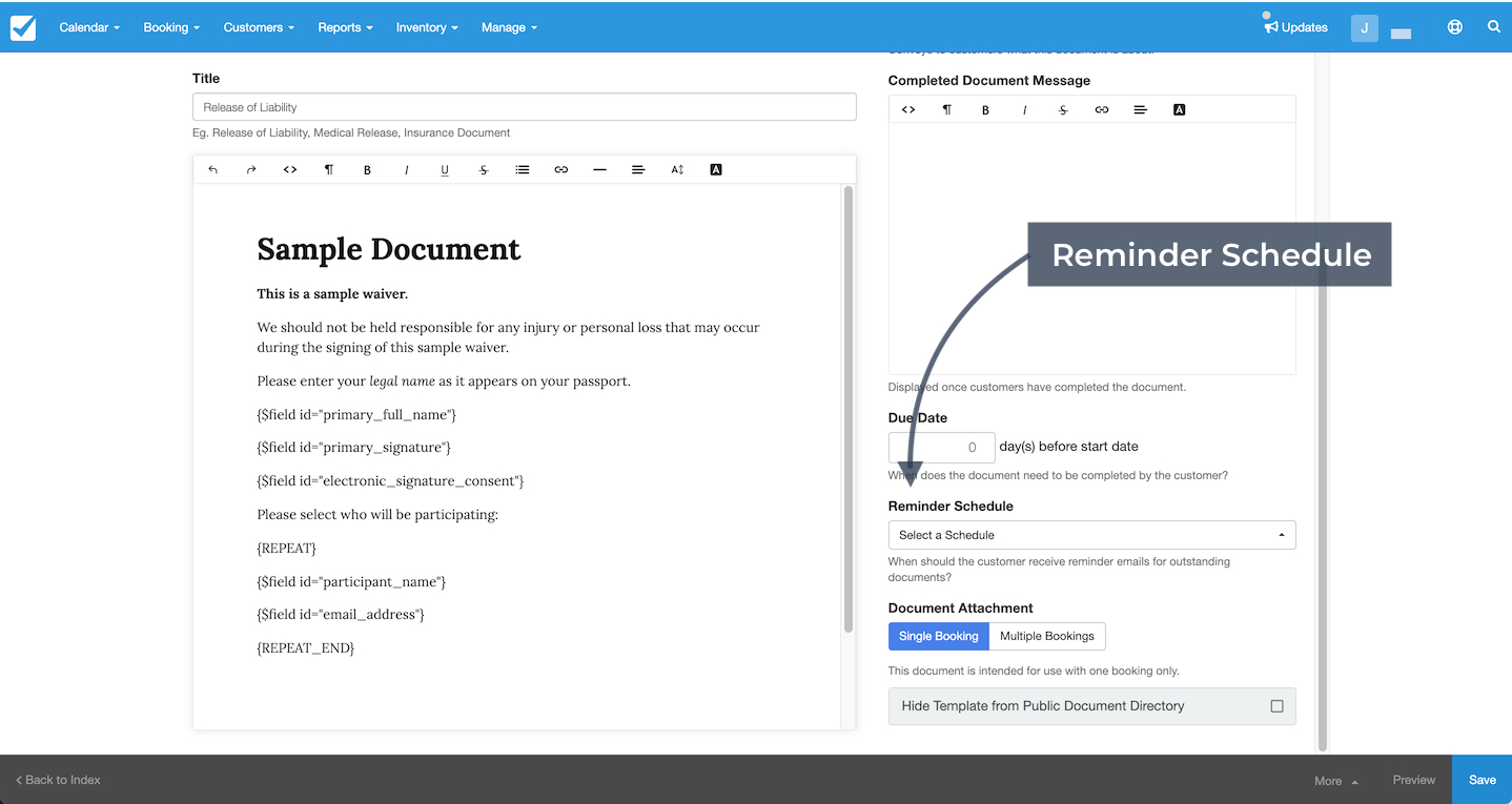 The document editor with the Reminder Schedule dropdown highlighted to set automated reminders for customers.