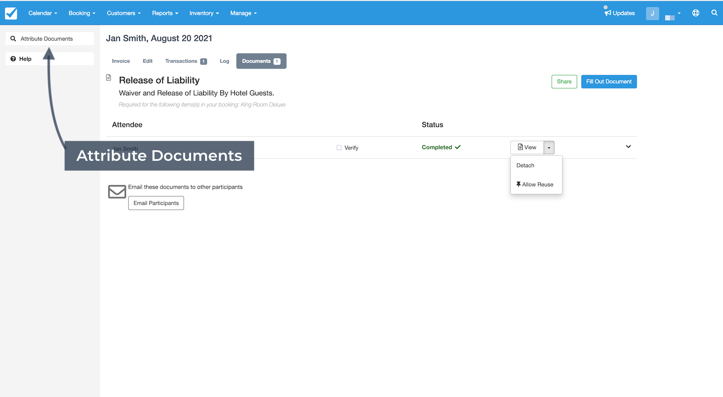 The booking details page with Attribute Documents highlighted for assigning documents to participants.