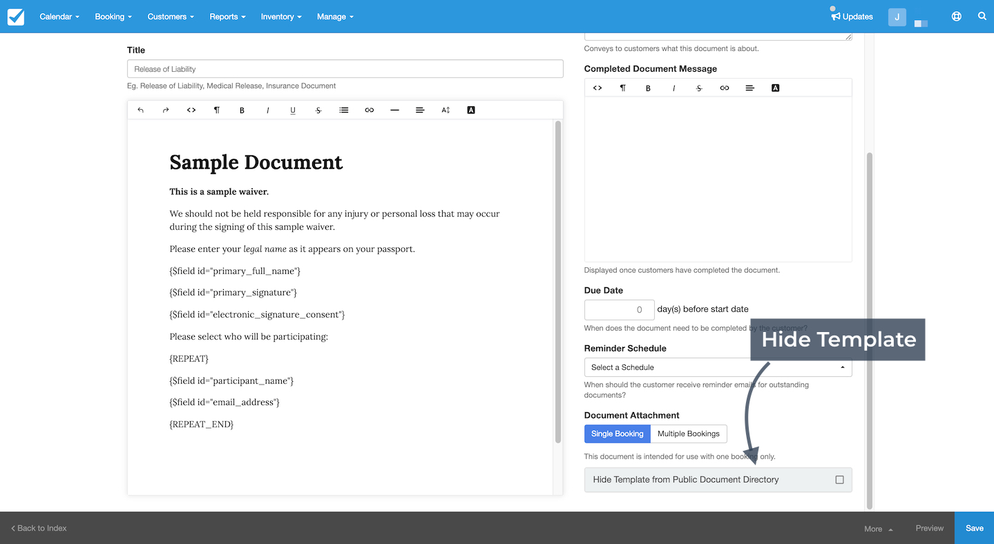 The document editor with the Hide Template checkbox highlighted to remove the template from the public directory.