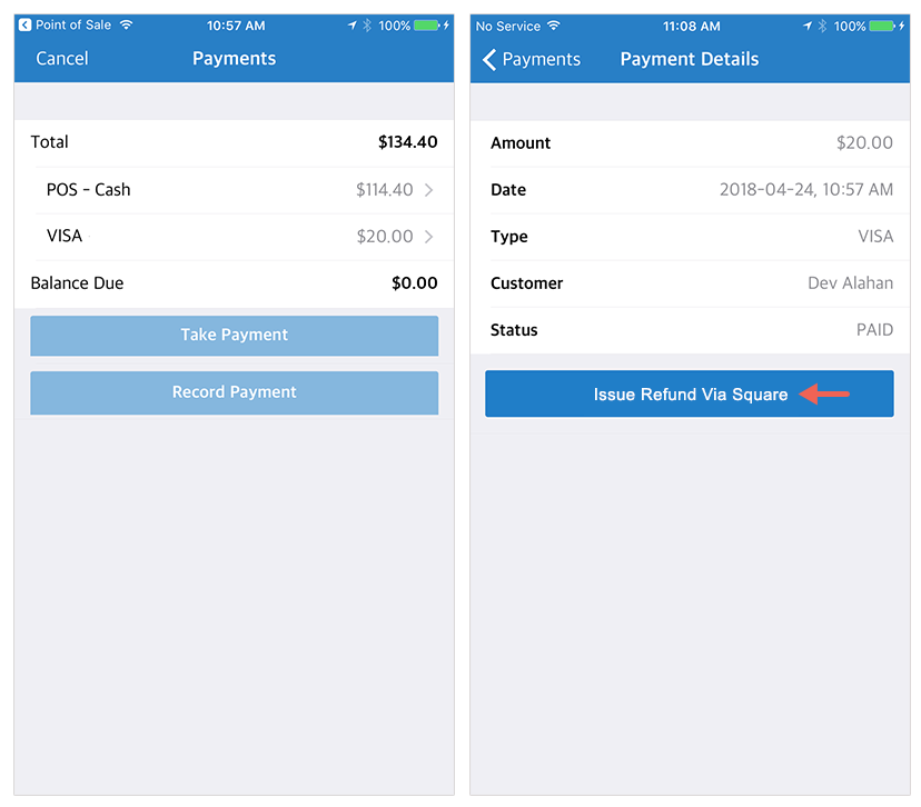Payments screen on the left showing cash and Visa payments with total settled, and on the right payment details for Dev Alahan with option to issue refund via Square highlighted.