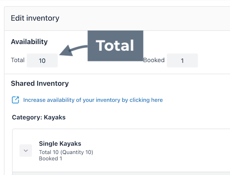 Edit inventory screen showing total availability field with the number 10 highlighted under Availability.