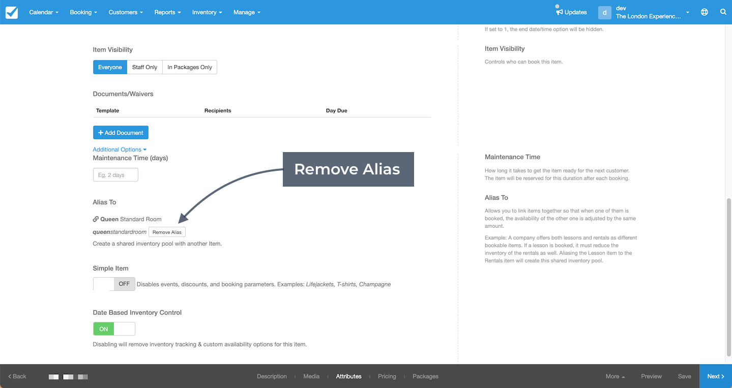 Attributes page with arrow pointing to remove alias option under alias to field.
