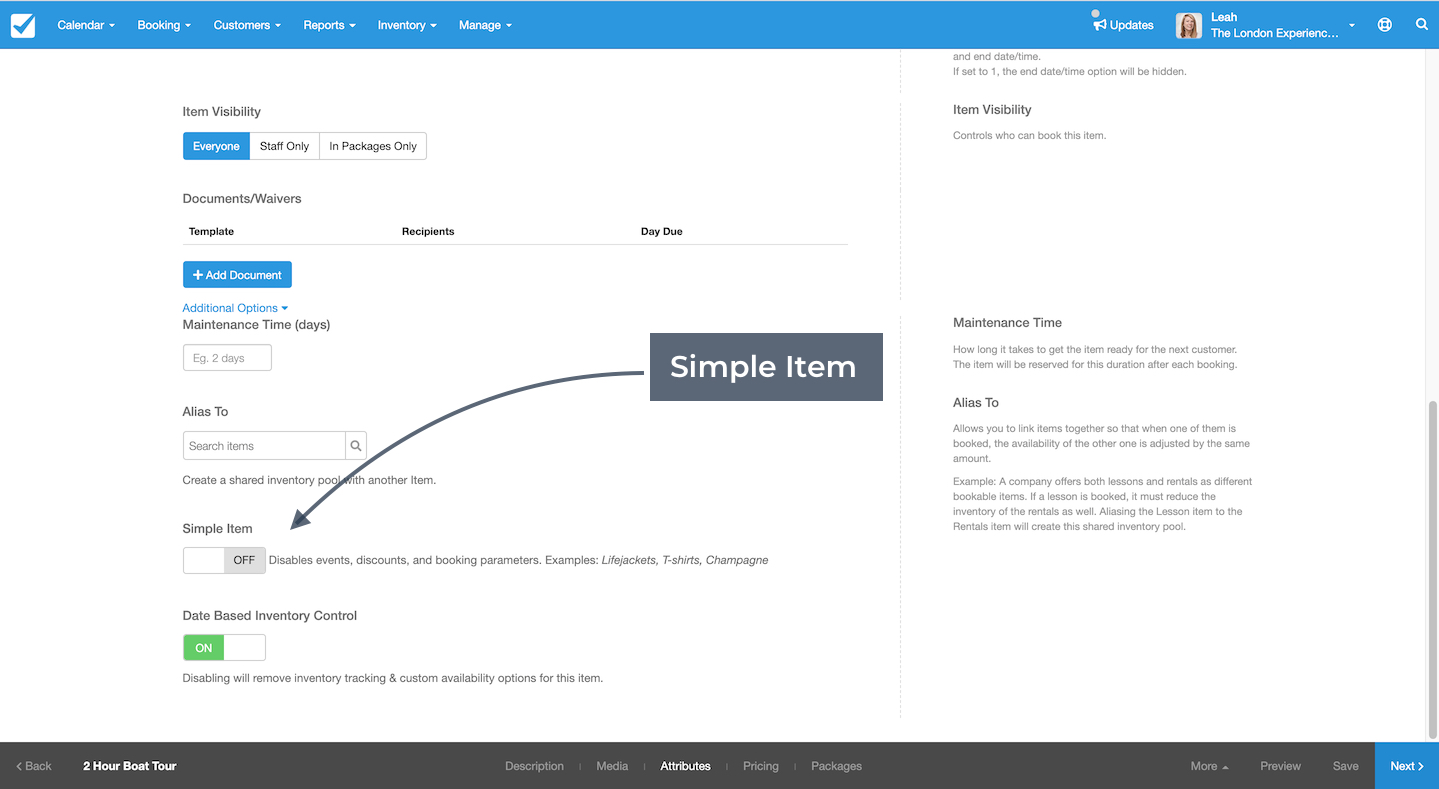Attributes page with arrow pointing to simple item toggle switch disabling events, discounts, and booking parameters.