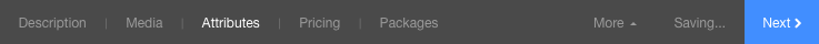 Navigation bar at the bottom of the item editor showing progress through Description, Media, Attributes, Pricing, and Packages, with Next button highlighted.