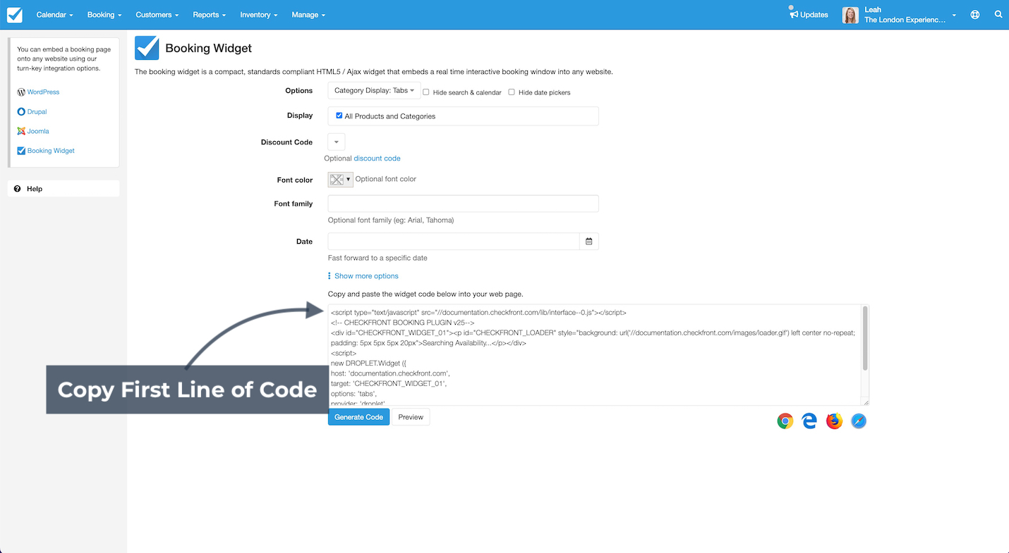 Booking Widget setup page highlighting the first line of generated code to be copied into a website.