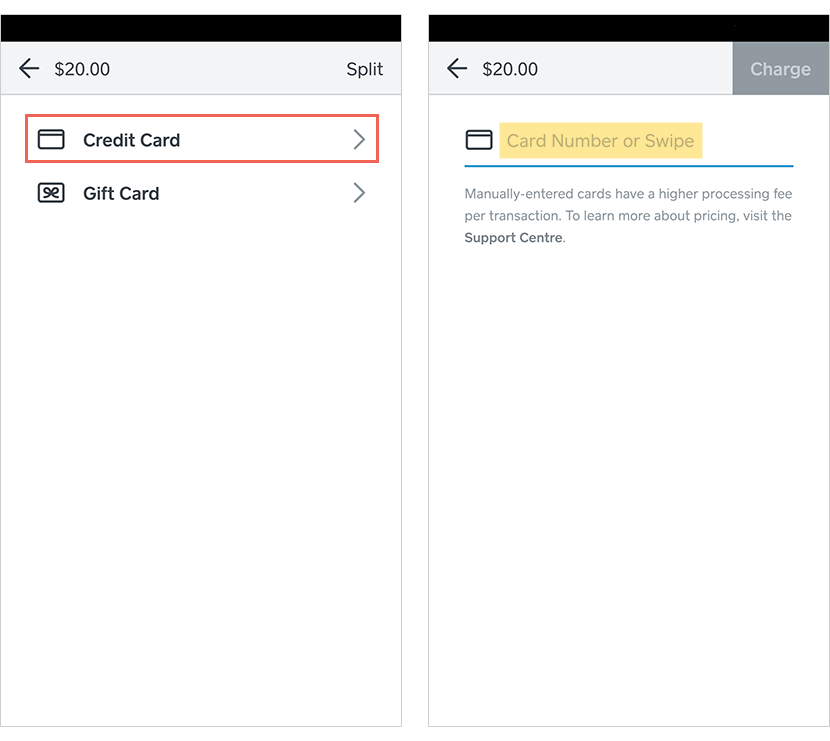 Payment method selection screen on the left showing Credit Card highlighted, and on the right screen to enter or swipe card details before charging.