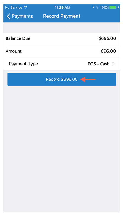 Record Payment screen showing $696 balance due with POS Cash selected and Record Payment button highlighted.