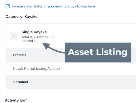 Category section highlighting the asset listing labeled Single Kayaks with total 10 and booked 1.