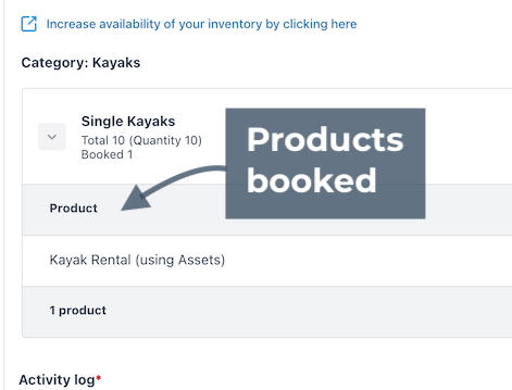 Category section showing products booked with Kayak Rental listed as the product.