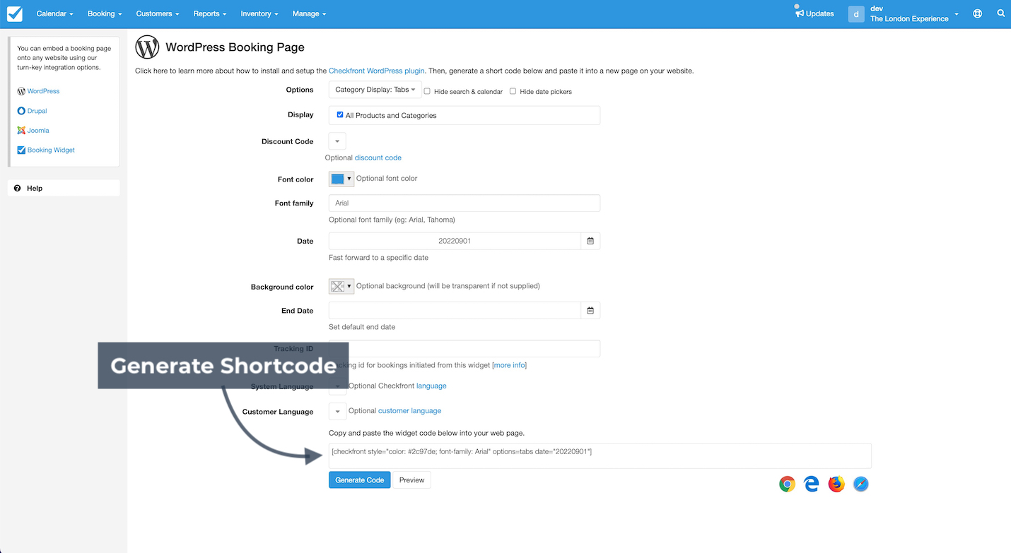 WordPress Booking Page integration settings highlighting the Generate Code button to create a shortcode.
