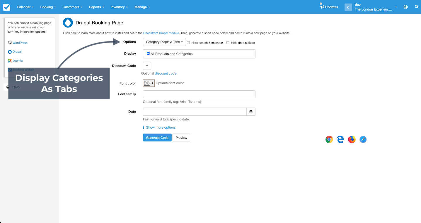 Drupal booking page settings with category display set to tabs and an arrow pointing to options.