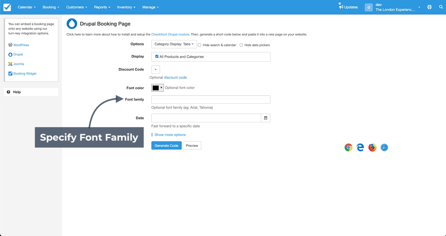 Drupal booking page settings with a field to specify font family input.