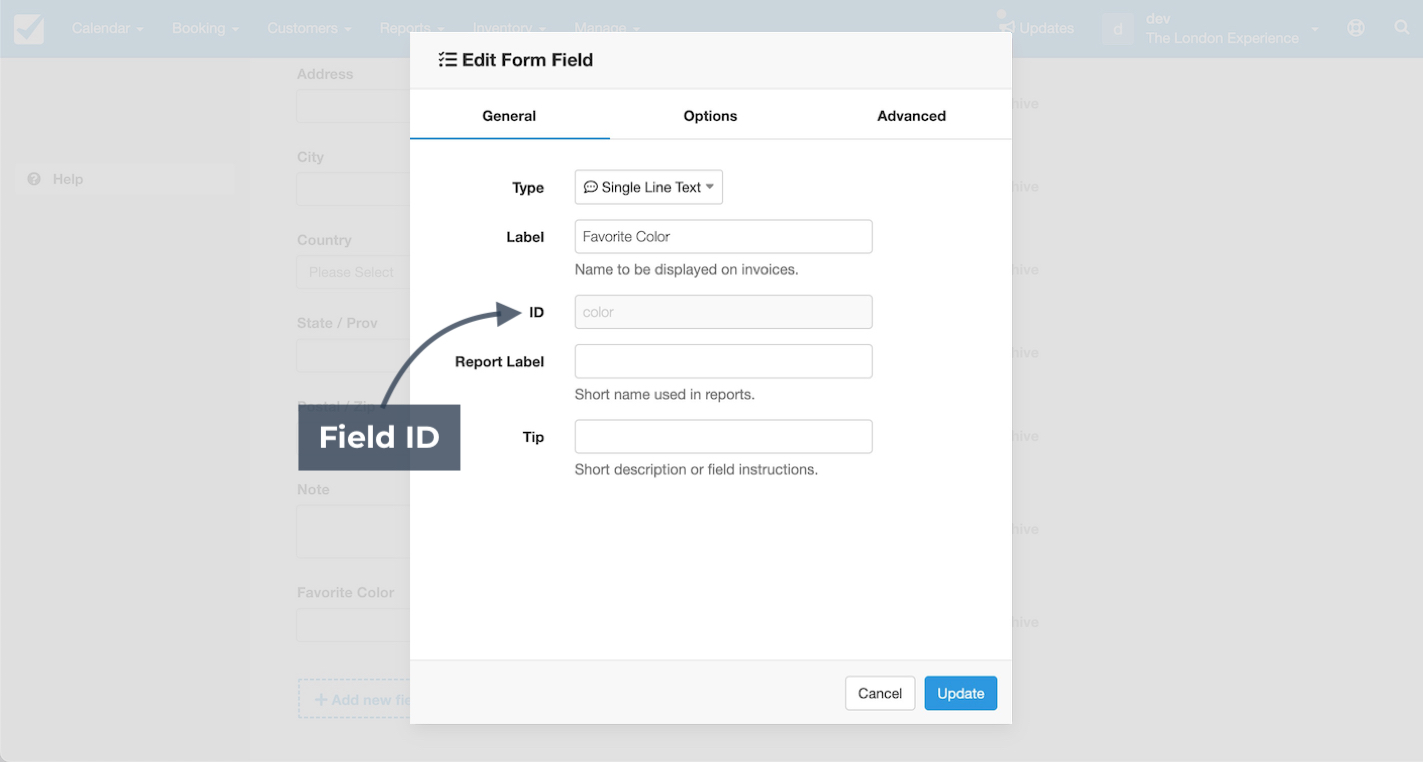 Edit Form Field window showing the ID field highlighted with an arrow labeled Field ID.