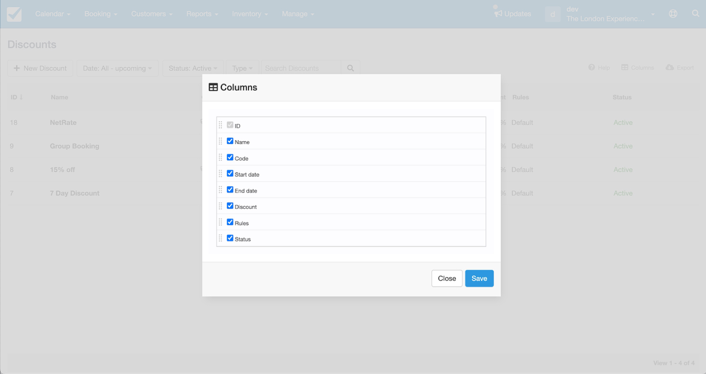 Discounts page with the columns selection popup open to choose which fields display in the table.