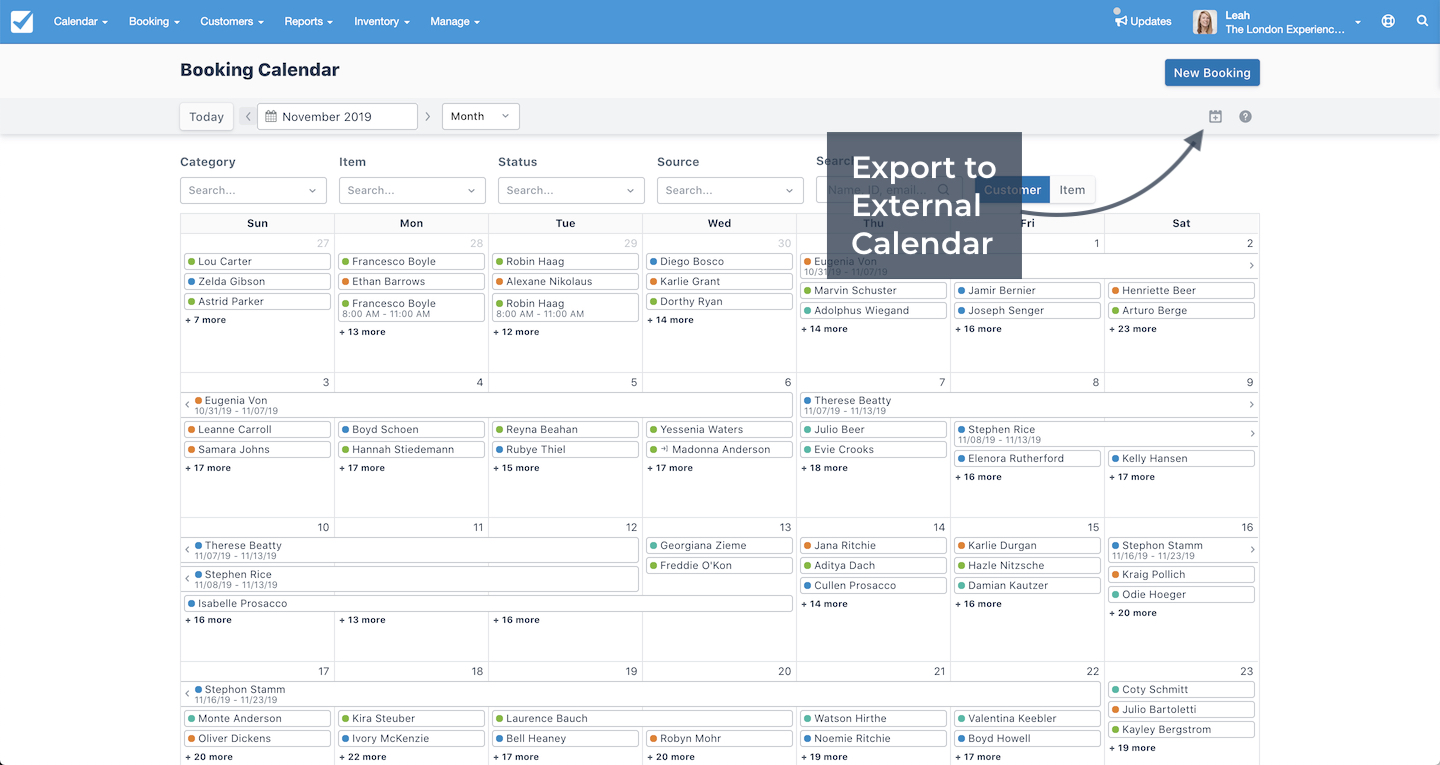 Booking calendar with export to external calendar option.