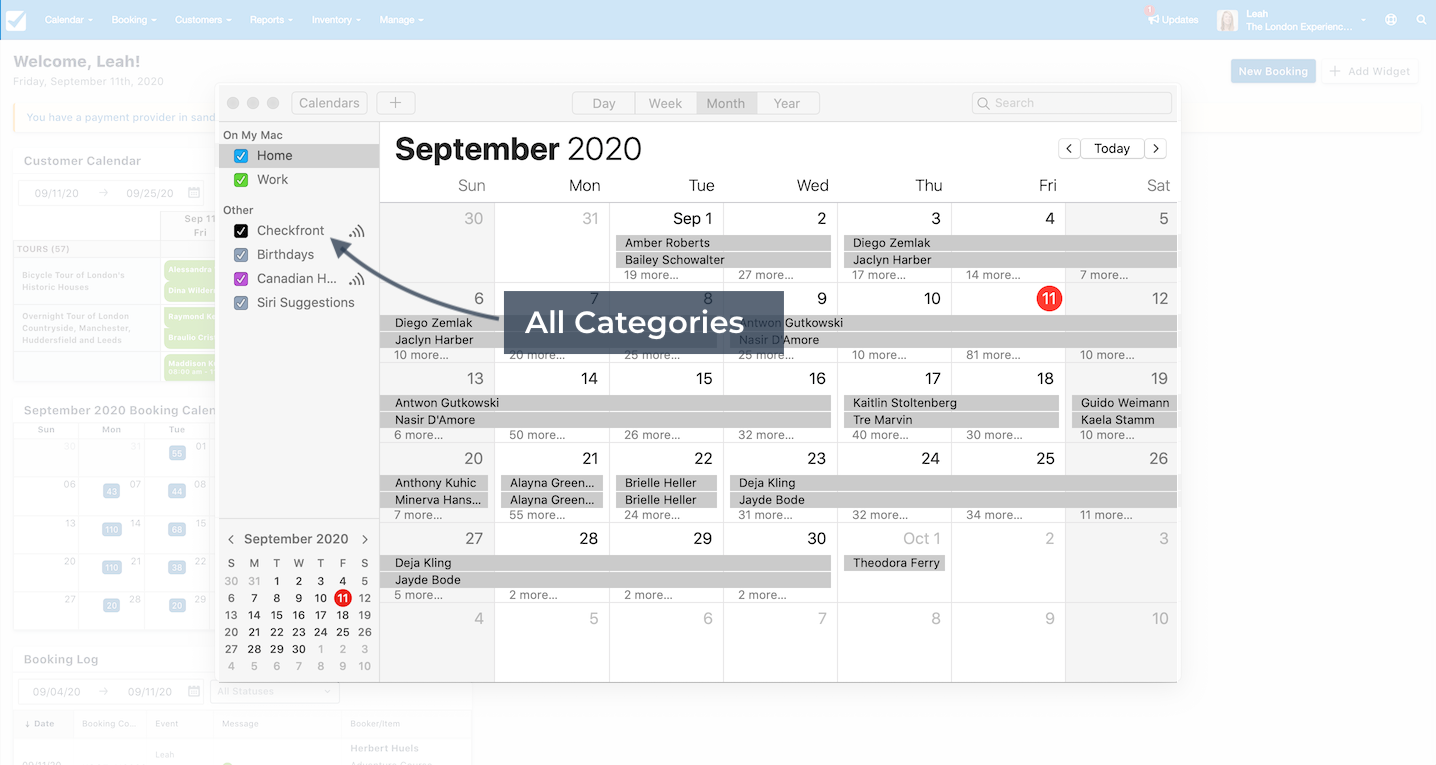 Apple Calendar view displaying all categories enabled from Checkfront.