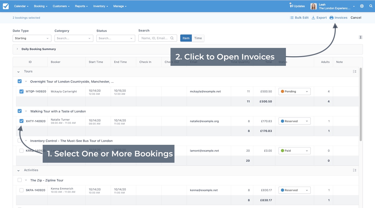 Booking Daily List screen showing two selected bookings with an arrow pointing to the invoices button, highlighting the option to open invoices.