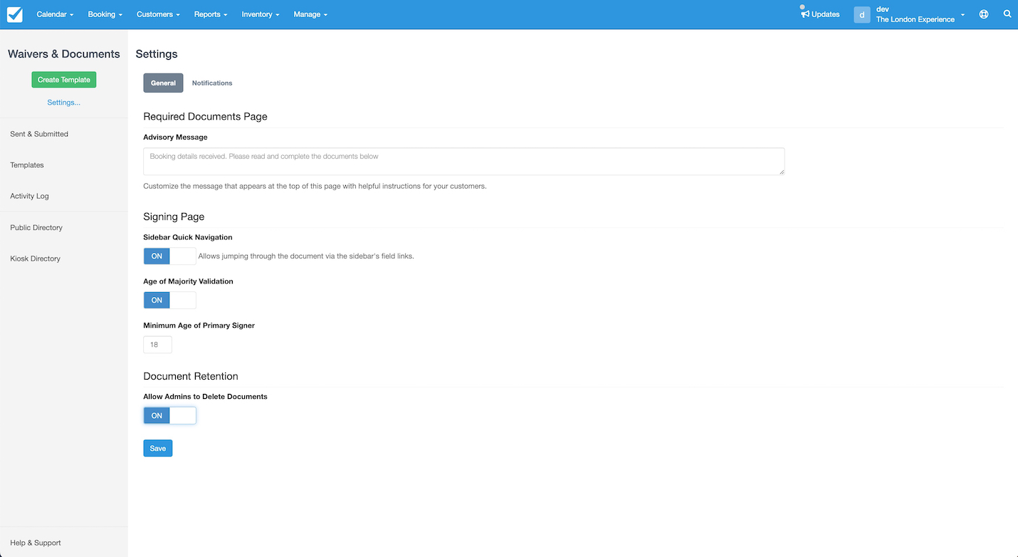 Waivers Settings General
