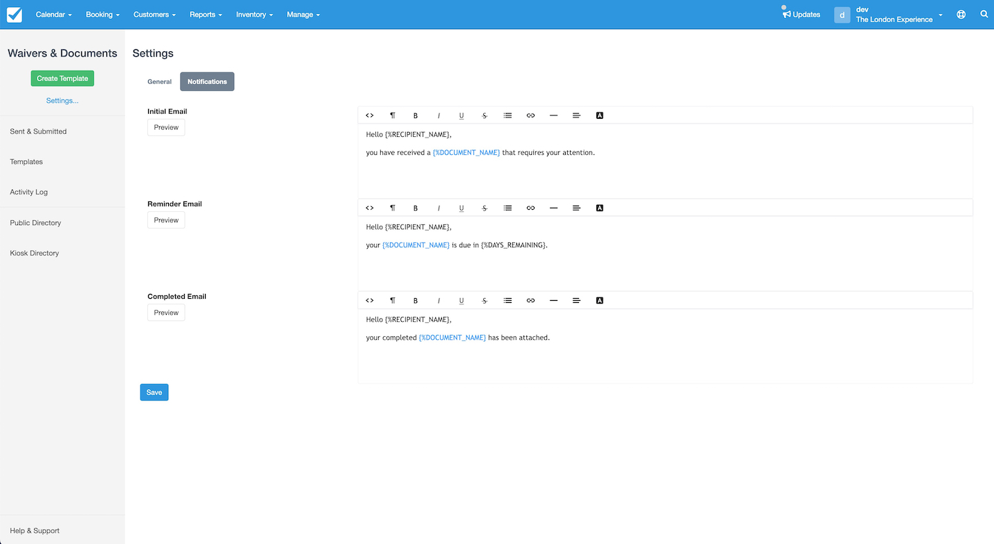 Waivers Settings Notifications