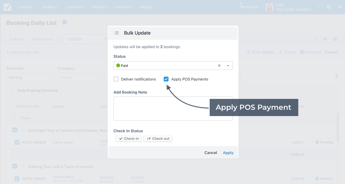 Booking daily list bulk update with an arrow highlighting the apply POS payments checkbox.