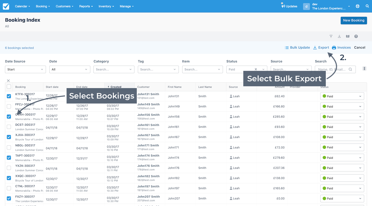 Booking Index view showing selected bookings and the Export button highlighted for performing a bulk export.