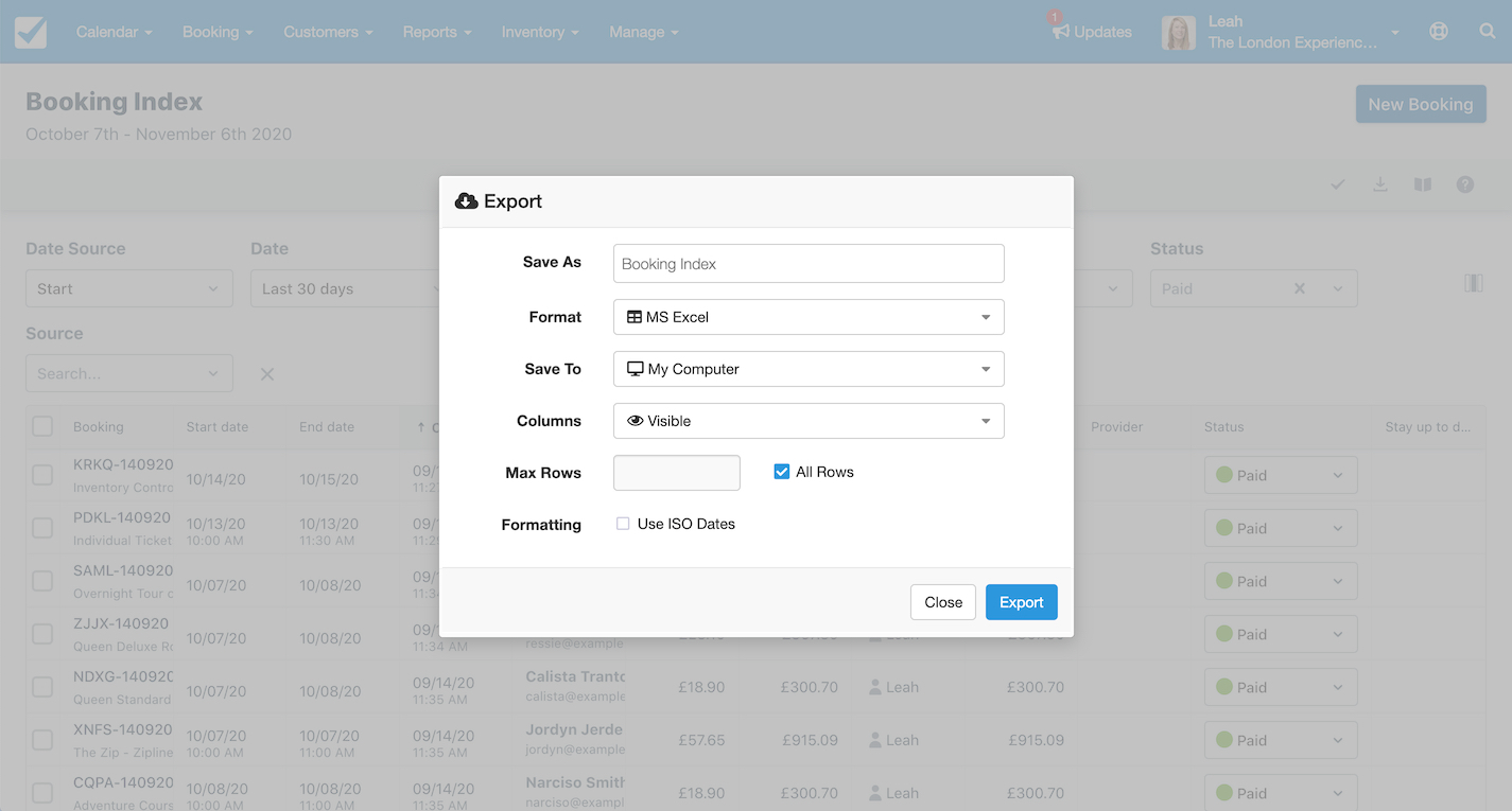 Export settings window open in the Booking Index showing options to save, choose format, and export all rows with ISO date formatting.